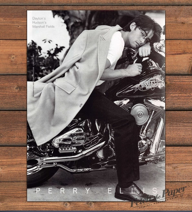 Perry Ellis Man Harley-Davidson Motorcycle Camel Coat Print Ad 1998 1990s