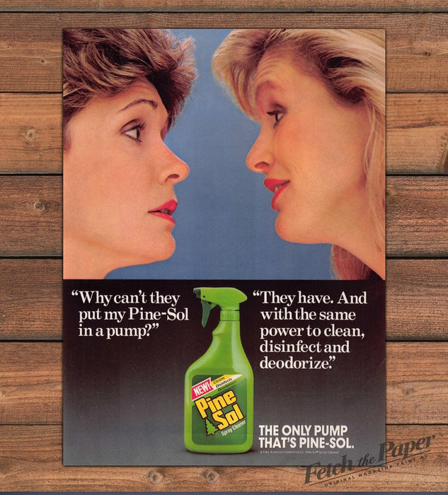 Pine-Sol Spray Cleaner Two Women Face to Face Green Bottle Print Ad 1987 1980s