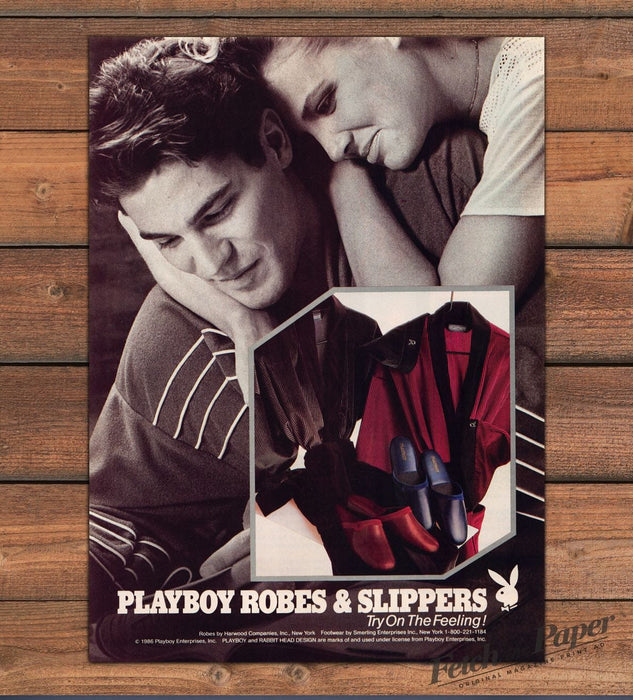 Playboy Robes Slippers Couple Cuddling Loungewear Print Ad 1986 1980s