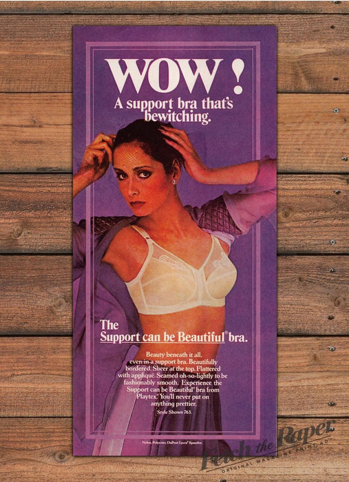 Playtex Support Can Be Beautiful Bra Purple Lace Print Ad 1981 1980s