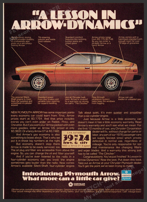 Plymouth Arrow 1970s Print Advertisement 1976 Car "Lesson in Arrow-dynamics" Fetch-the-Paper