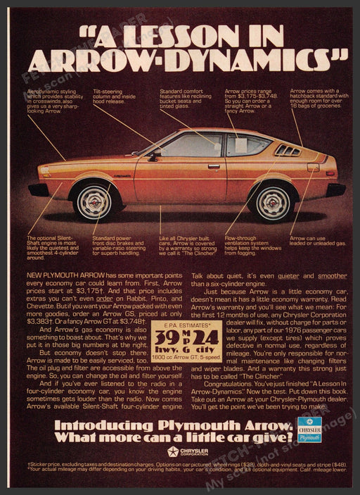 Plymouth Arrow 1970s Print Advertisement 1976 Car "Lesson in Arrow-dynamics" Fetch-the-Paper