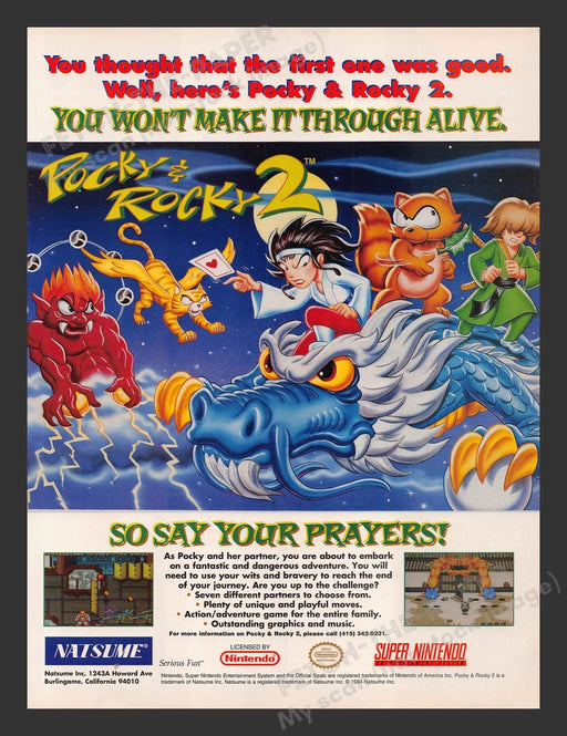 Pocky & Rocky 2 Video Game 1990s Print Advertisement Ad 1994