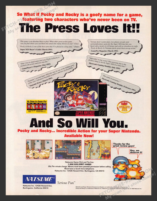 Pocky & Rocky Video Game 1990s Print Advertisement Ad 1993