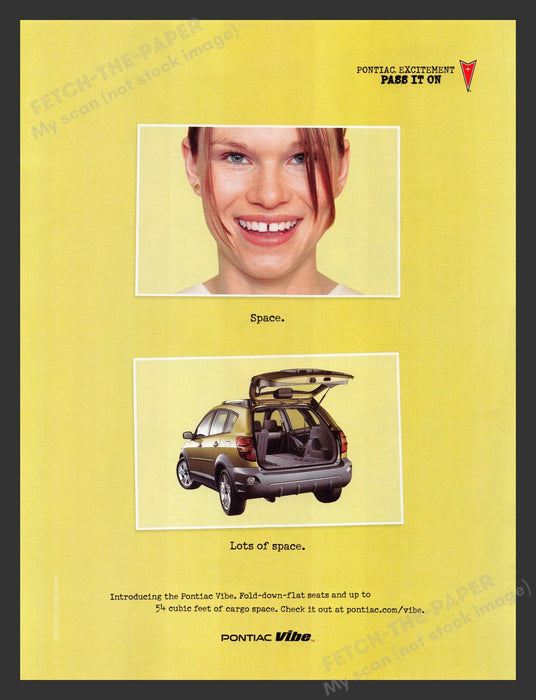 Pontiac Vibe 2000s Print Advertisement Ad 2002 Gap Tooth Space "Lots of Space" Nissan