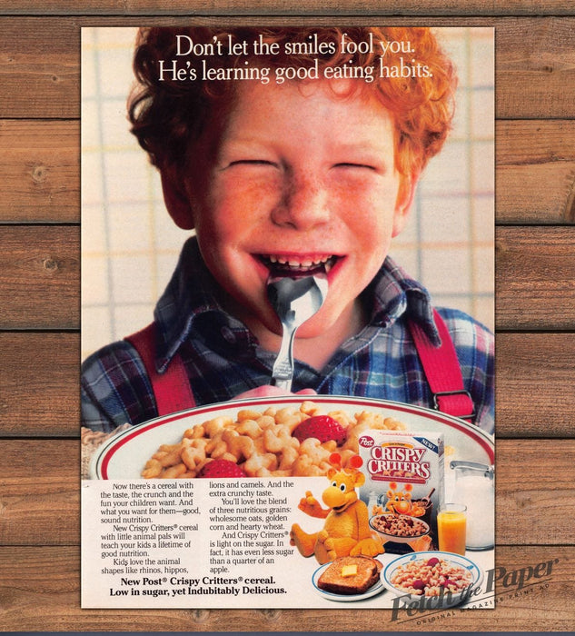 Post Crispy Critters Cereal Redhead Freckled Boy Spoon Print Ad 1987 1980s