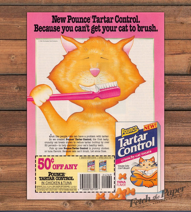 Pounce Tartar Control Cat Brushing Teeth Cartoon Print Ad 1993 1990s