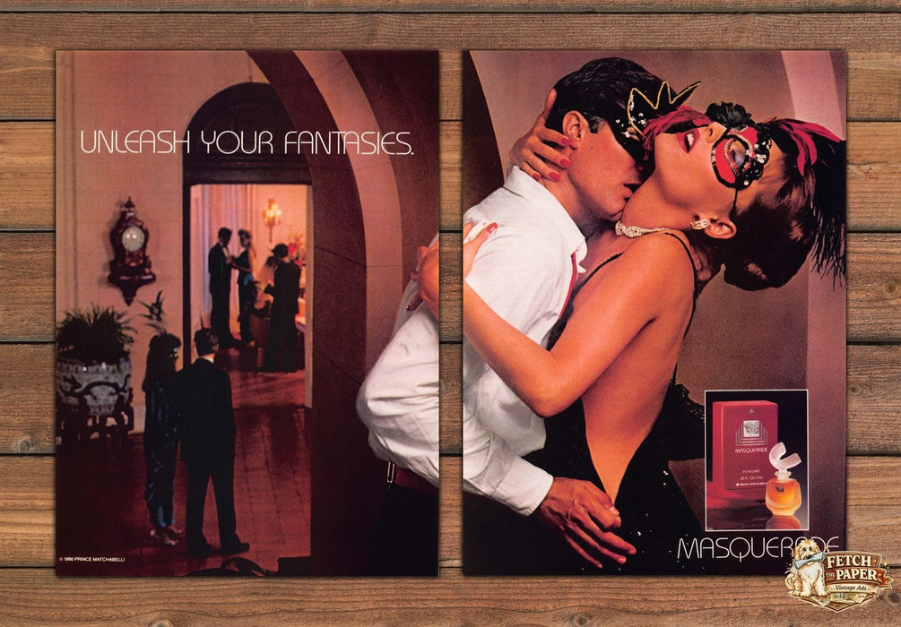 Prince Matchabelli Masquerade Masked Couple Kiss Print Ad 1986 1980s (2pgs)