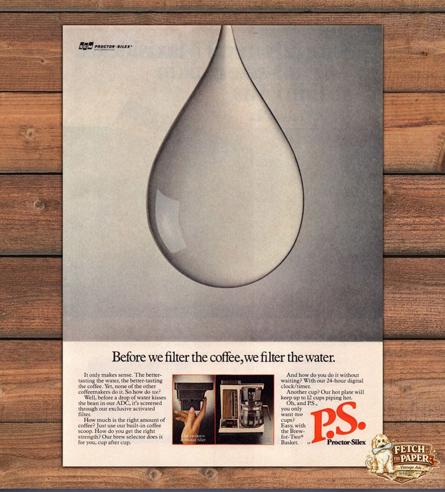 Proctor-Silex Coffeemaker Filter Coffee Water Drop Print Ad 1981 1980s
