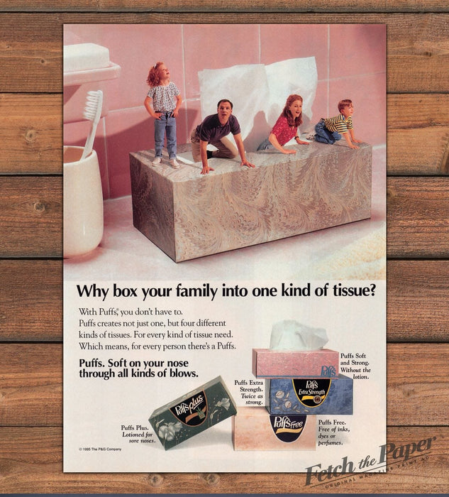 Puffs Facial Tissue Family Climbing Tissue Box Pink Bathroom Print Ad 1996 1990s