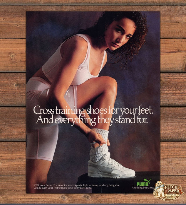 Puma XTG Cross Training Shoes Pink Bodysuit Legs Lace-Up Print Ad 1988 1980s