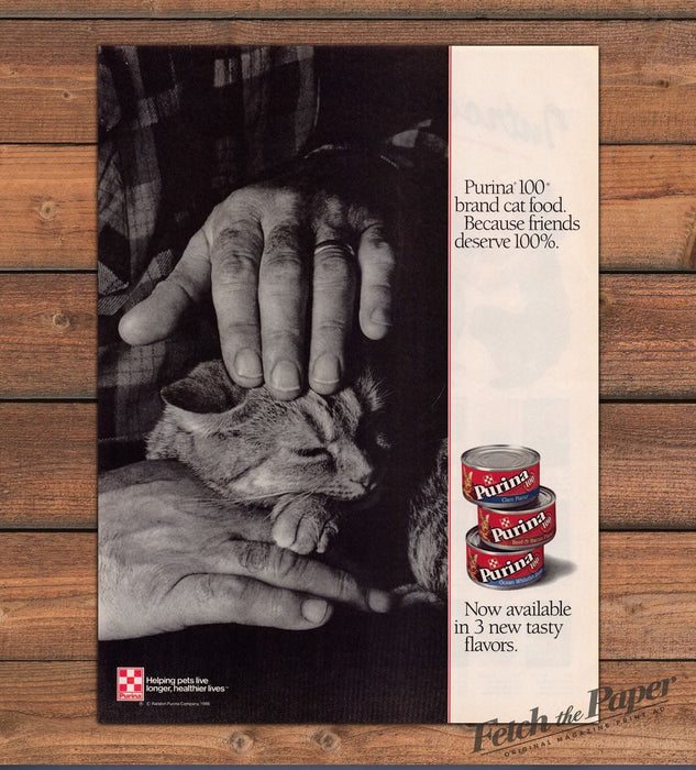 Purina 100 Cat Food Black White Hand Petting Cat Print Ad 1986 1980s