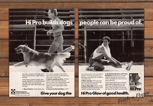 Purina 1980s Print Advertisement (2 pages) 1987 Dog Men Running on Track