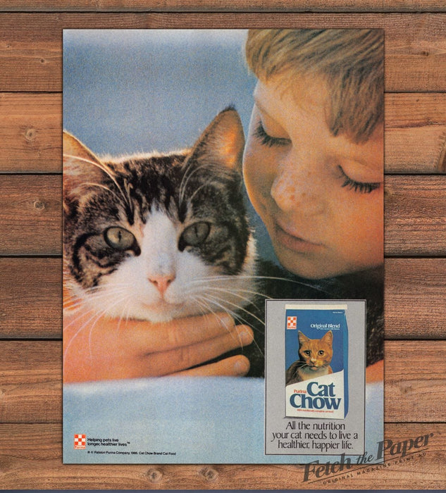 Purina Cat Chow Boy Cuddling Tabby Cat Pet Food Print Ad 1987 1980s
