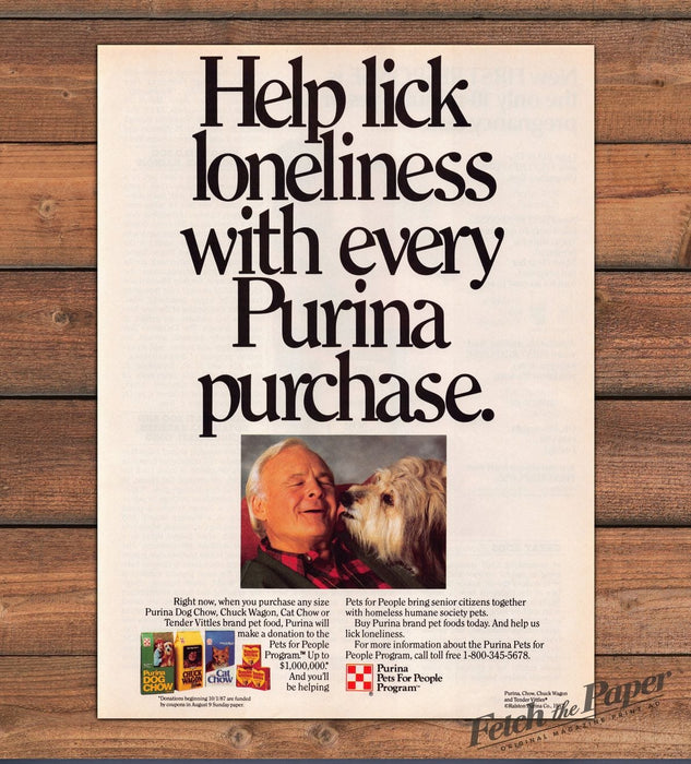 Purina Pets For People Senior Man Shaggy Dog Kiss Print Ad 1987 1980s