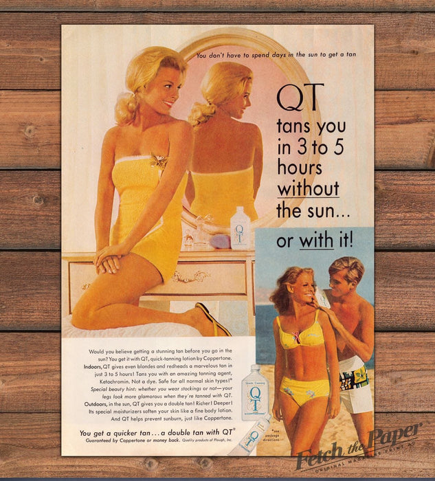 QT Quick Tanning Lotion Blonde Mirror Beach Couple Print Ad 1968 1960s