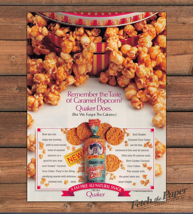 Quaker Caramel Corn Cakes Fat Free Popcorn Snack Print Ad 1993 1990s