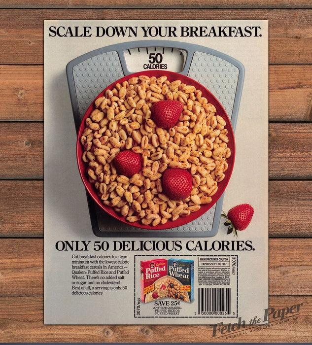 Quaker Puffed Rice Puffed Wheat Cereal Scale Strawberries Print Ad 1987 1980s