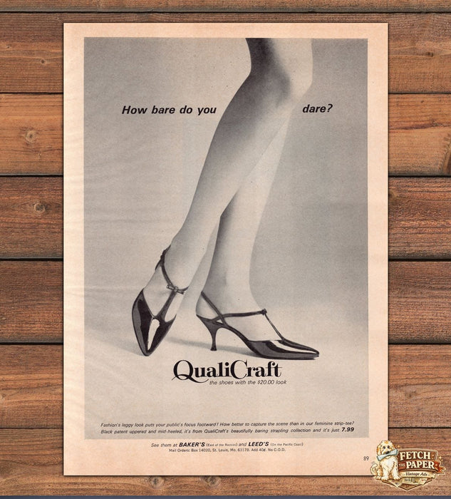 QualiCraft How Bare Do You Dare Black Patent Heels Legs Print Ad 1966 1960s