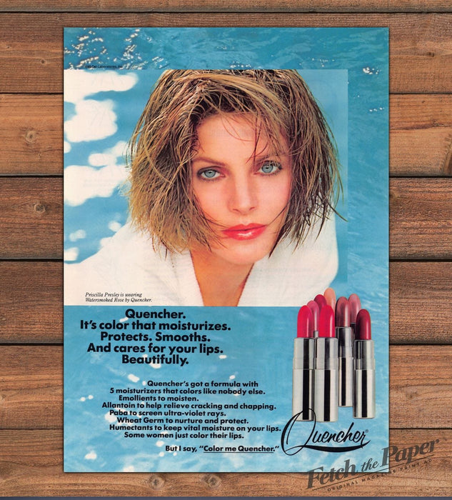 Quencher Lipstick Priscilla Presley "Color Me Quencher" Print Ad 1985 1980s