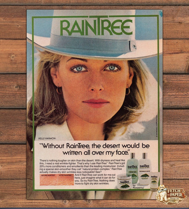 RainTree Moisturizer Kelly Harmon Desert Cowboy Hat Print Ad 1979 1970s