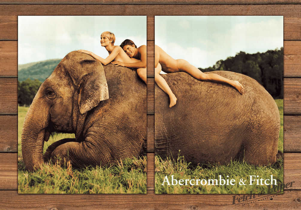 RARE Abercrombie & Fitch Bare Couple Riding Elephant Print Ad 1998 1990s (2pgs)