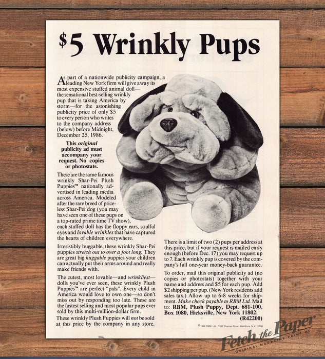 RBM Plush Puppy Wrinkly Shar Pei Stuffed Animal Mail Order Print Ad 1986 1980s