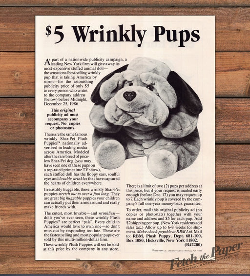 RBM Plush Puppy Wrinkly Shar Pei Stuffed Animal Mail Order Print Ad 1986 1980s