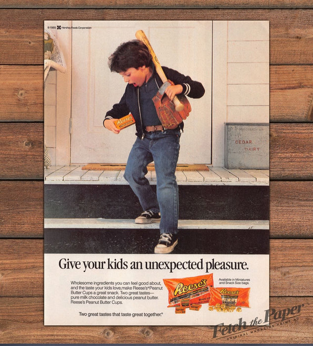 Reese’s Peanut Butter Cups Boy Baseball Bat Glove Print Ad 1986 1980s