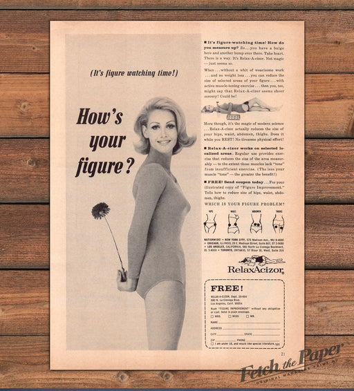 Relax-A-cizor Figure Watching Time Blonde Leotard Flower Print Ad 1965 1960s