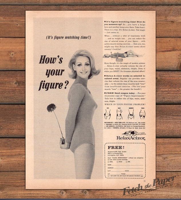 Relax-A-cizor Figure Watching Time Blonde Leotard Flower Print Ad 1965 1960s
