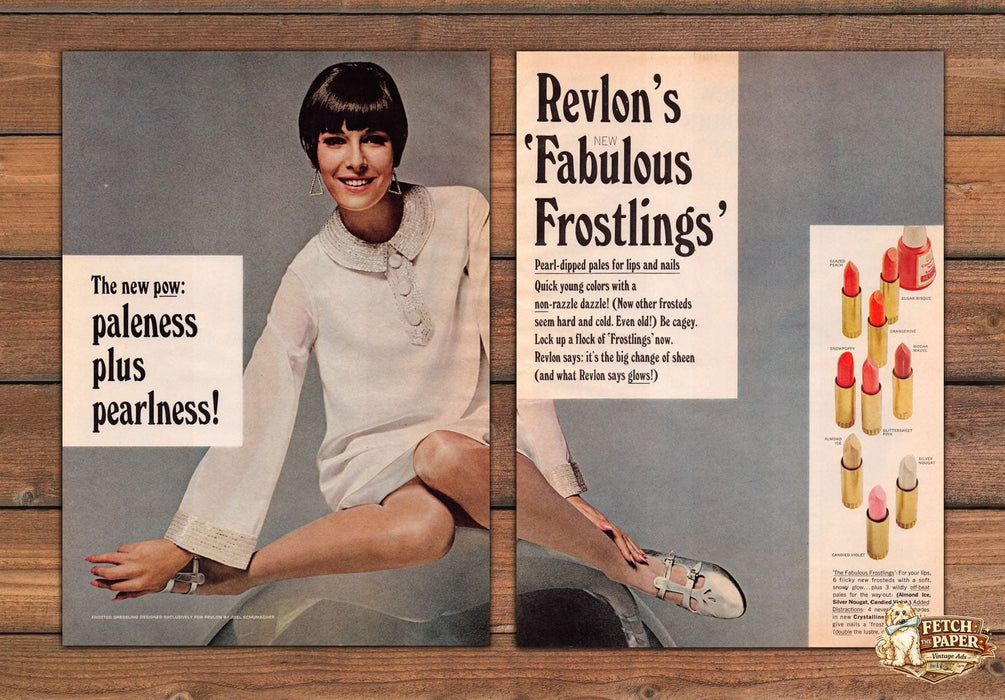 Revlon Fabulous Frostlings Lipstick Pearl Pale Shades Print Ad 1966 1960s (2pgs)