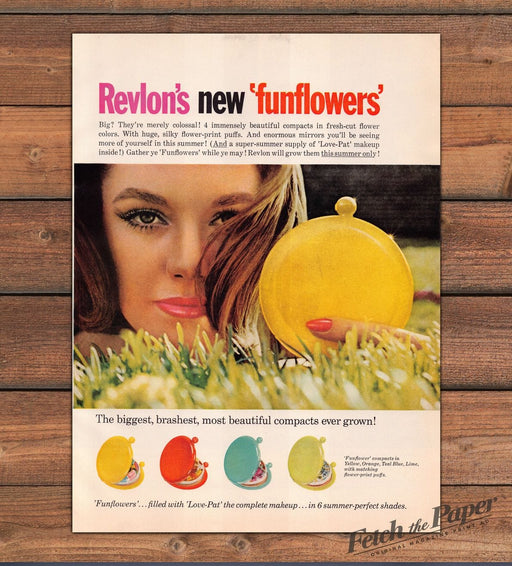 Revlon Funflowers Compact Love-Pat Makeup Yellow Orange Print Ad 1964 1960s