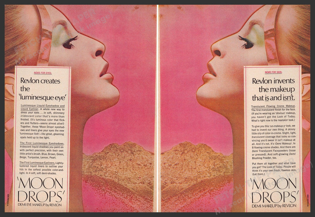 Revlon Moon Drops Cosmetics 1960s Print Advertisement Ad (2 pages) 1969 Fetch the Paper!