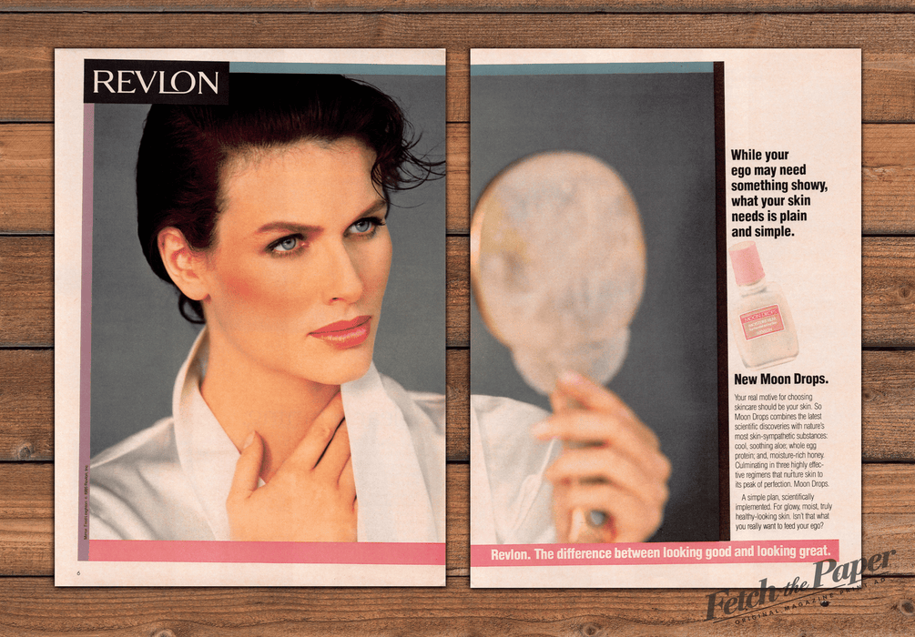 Revlon Moon Drops Moisture Balm Brunette Mirror Print Ad 1985 1980s (2pgs)