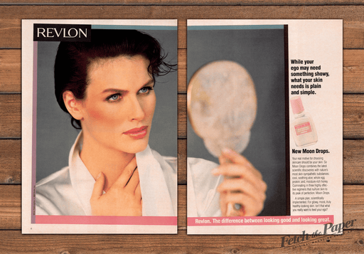Revlon Moon Drops Moisture Balm Brunette Mirror Print Ad 1985 1980s (2pgs)