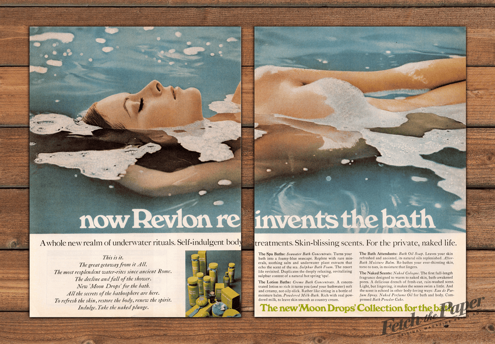 Revlon Moon Drops Reinvents Bath Floating Woman Bare Print Ad 1968 1960s (2pgs)