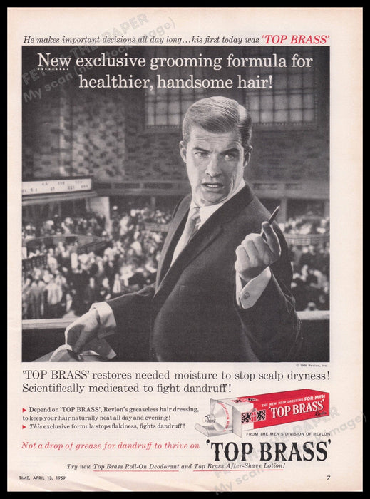 Revlon Top Brass Men's Hair Products 1950s Print Advertisement Ad 1959 Fetch the Paper!