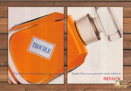 Revlon Trouble Perfume Orange Bottle No Great Love Print Ad 1989 1980s (2 pgs)