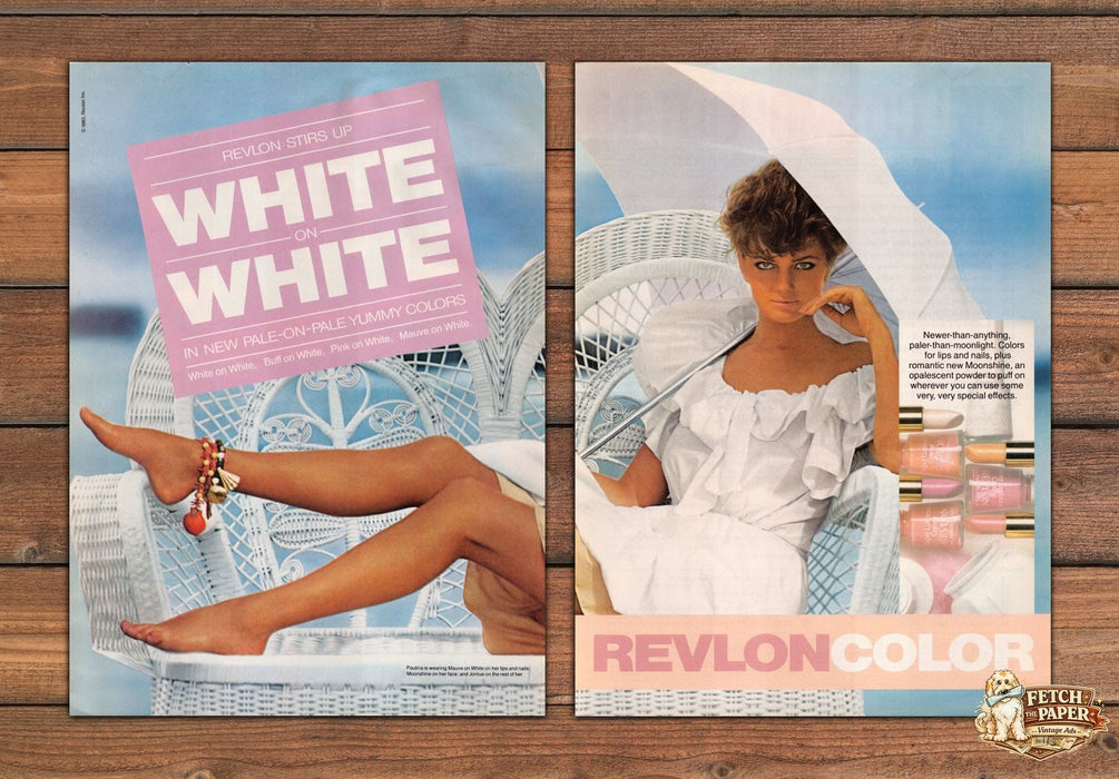 Revlon White On White Pale Colors Lips Nails Wicker Print Ad 1983 1980s (2pgs)