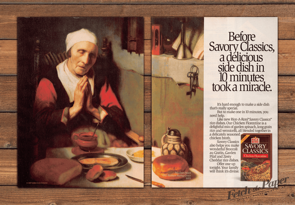 Rice-A-Roni Nicolaes Maes Old Woman Saying Grace Print Ad 1987 1980s (2pgs)