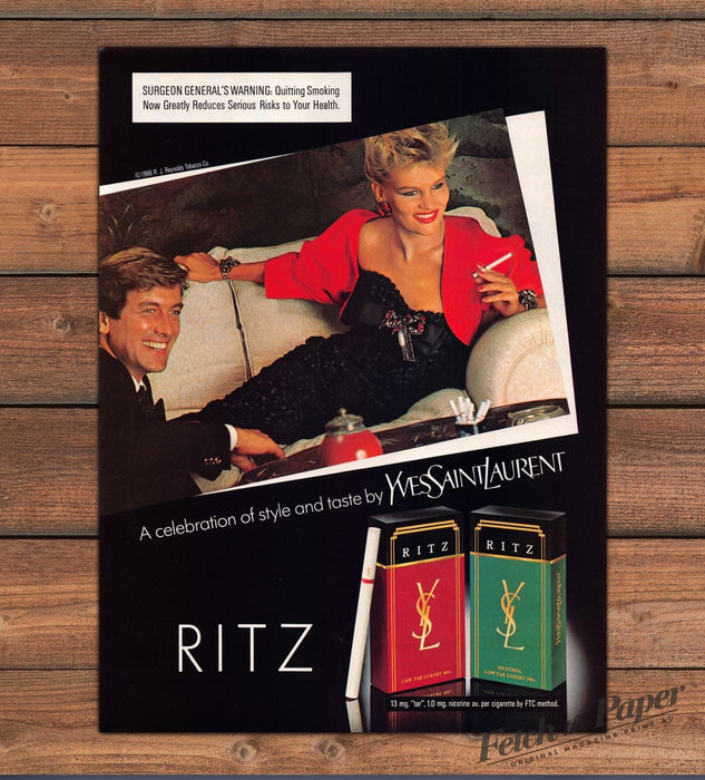 Ritz Yves Saint Laurent Cigarettes Blonde Woman Red Jacket Print Ad 1987 1980s