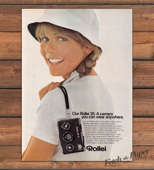 Rollei 35S Camera Woman White Bucket Hat Braid Wear Anywhere Print Ad 1977 1970s