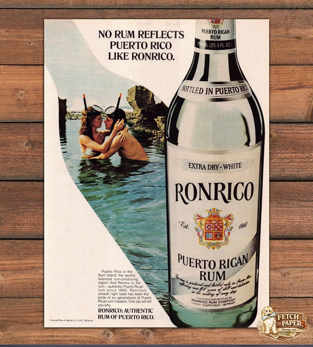 Ronrico Puerto Rican Rum Snorkeling Couple Ocean Bottle Print Ad 1979 1970s