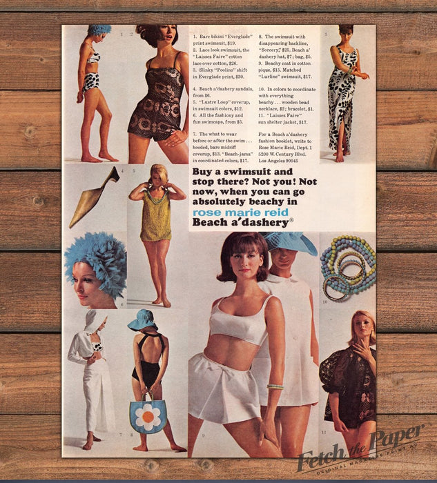 Rose Marie Reid Beach a'dashery Swimsuits Bikini Bare Legs Print Ad 1965 1960s