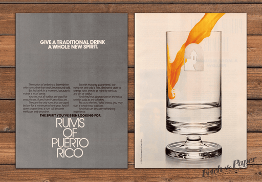 Rums Of Puerto Rico Whole New Spirit Screwdriver Print Ad 1986 1980s (2pgs)