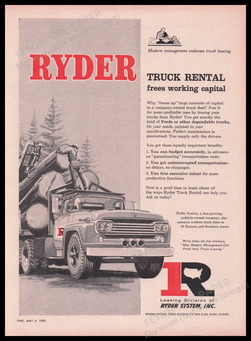 Ryder Truck Rental Logging Trees 1950s Print Advertisement Ad 1959 Fetch the Paper!
