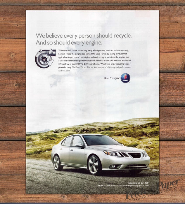 Saab 9-3 Turbo Recycle Engine Silver Sedan Born From Jets Print Ad 2008 2000s