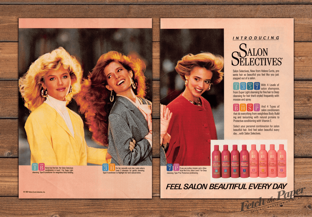 Salon Selectives Hair Care Four Levels Types Big Hair Print Ad 1987 1980s (2pgs)