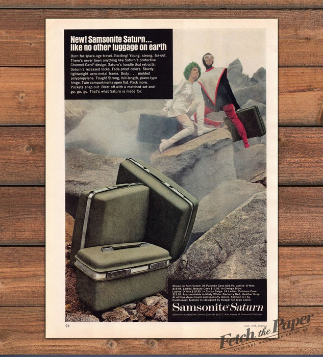 Samsonite Saturn Luggage Space Age Astronaut Green Print Ad 1968 1960s